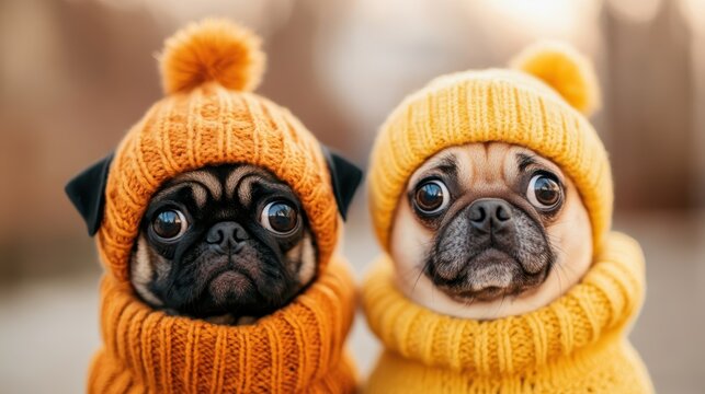 Two delightful dogs dressed in matching orange knitted sweaters and hats with pom-poms as they enjoy an autumn day, depicting joy and warmth in a season of change.