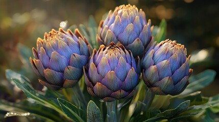 Close Up of Purple Artichokes Blooming in a Garden