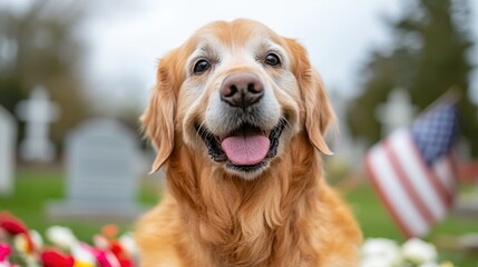 Happy Golden Retriever with American flag in the background and flowers, symbolizing joy, patriotism, and companionship in a respectful, serene cemetery setting.