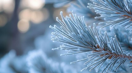 Frost-covered pine needles in winter light, creating a serene and chilly atmosphere in nature.