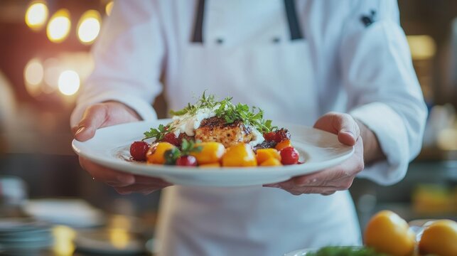 Chef presenting a gourmet dish to restaurant guests at a fine dining establishment.