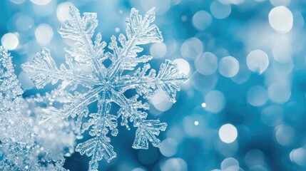 A close-up of a delicate snowflake against a blurred blue background, capturing the beauty and intricacy of winter.