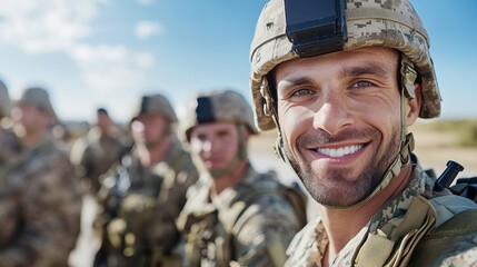 Fototapeta premium A group of soldiers, standing outdoors under a clear sky, smile warmly at the camera, conveying their unity and readiness in a peaceful yet powerful stance.