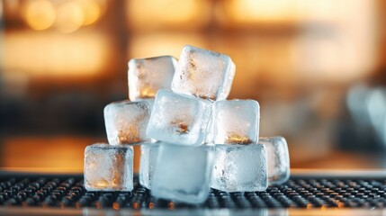 Shiny and clear ice cubes arranged in a pile on a modern bar counter with a blurred background, exuding a fresh and inviting feel suitable for high-quality stock images.