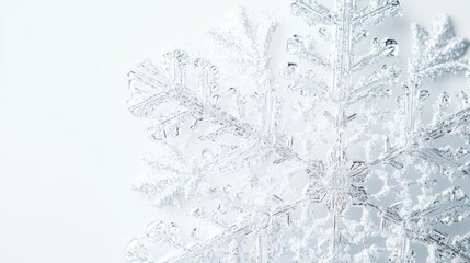 Obraz premium Close-up of an intricate snowflake structure against a soft white background, showcasing its unique and delicate patterns.
