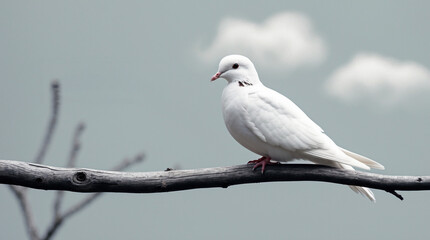 A serene and dignified photograph, captured in a minimalist style, commemorating the International Day of Non-Violence, featuring a solitary white dove perched on a weathered wooden branch