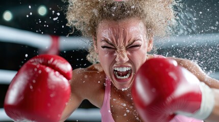 A determined female boxer with red gloves throws a powerful punch in the boxing ring, showing strength, determination, and intense focus.