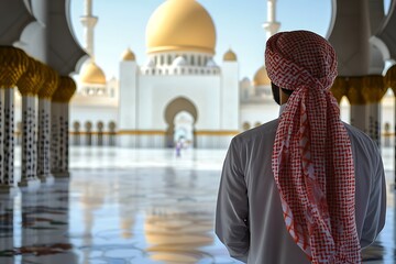 A Muslim Man in Traditional Clothing Contemplates at the Grand Mosque