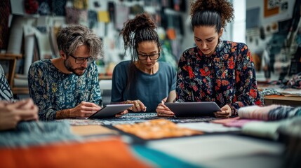 Creative Collaboration: Fashion Designers Sketching on Digital Tablets Surrounded by Colorful Fabric Swatches