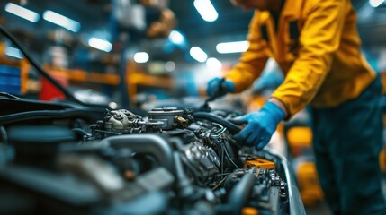 Mechanic inspecting car engine in busy auto repair shop.