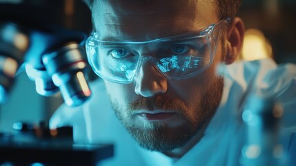 Scientist peering into microscope in high-tech laboratory setting.