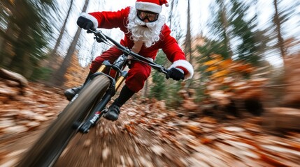 Dressed as Santa Claus, this cyclist wields a mountain bike down a forest trail, merging the festive holiday spirit with the thrilling excitement of outdoor adventure.