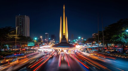 Fototapeta premium Bangkok Democracy Monument at night, lit up and surrounded by passing traffic.