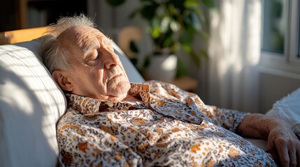 An elderly man peacefully sleeping and resting in a cozy, sunlit room, adorned with houseplants, depicting a serene and tranquil environment of relaxation and comfort.