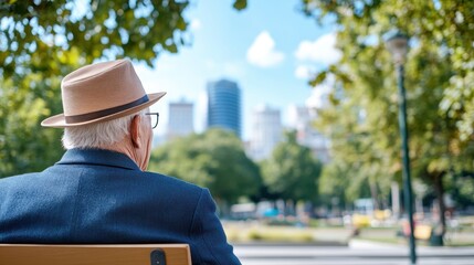 An elderly man is sitting on a park bench, wearing a fedora, with an urban cityscape in the background. The image captures a moment of reflection and relaxation in nature.