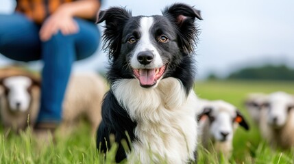 Fototapeta premium A diligent Border Collie is herding sheep in a field with a blurred human figure nearby, demonstrating its work ethic and herding capabilities in a rural setting.