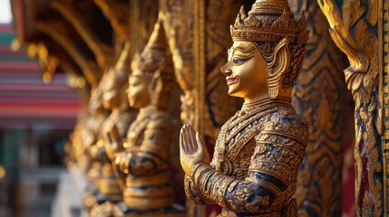 Fototapeta premium Golden statues and intricate carvings inside Wat (Marble Temple) in Bangkok.