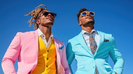 Two men stand confidently outdoors, dressed in vibrant pink and blue suits with complementary shirts and ties, embodying a striking and fashionable look. Great stock fashion photo.