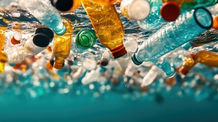 A myriad of plastic bottles of varying colors float on ocean waters, symbolizing the extensive pollution and environmental challenges faced by marine habitats globally due to plastic waste.