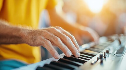 A close-up view of hands playing a keyboard under bright sunlight, highlighting the musician's skill and passion in an outdoor setting during golden hour.