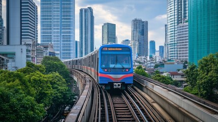 Naklejka premium Skytrain running on elevated tracks through the commercial district of Bangkok, with modern buildings on both sides.