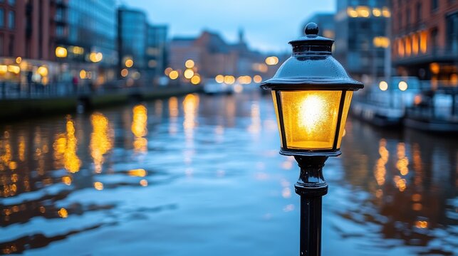 A glowing street lamp stands by a riverside in a bustling city during twilight, with reflections glistening on the water and an urban skyline creating a serene yet lively scene. - Powered by Adobe