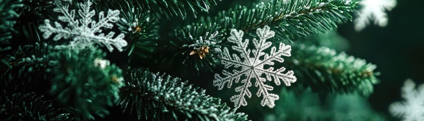 Close-up of snowflakes gently resting on lush green pine needles, capturing the essence of winter magic and holiday spirit.