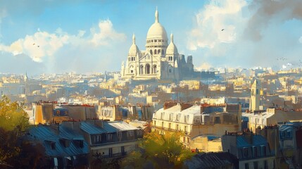 Fototapeta premium The Basilica of the overlooking the rooftops of Paris from the hill of Montmartre.