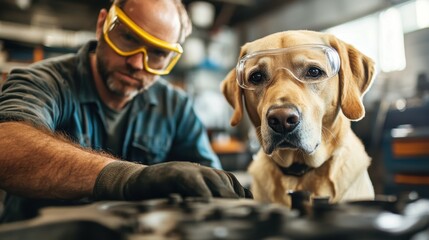 Reliable Labrador Assisting Owner with Car Repair While Wearing Safety Goggles