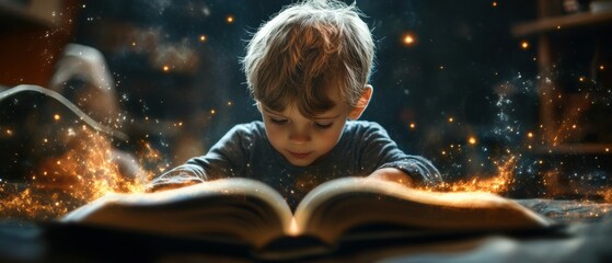 Young reader lost in a fantasy world with book characters coming to life around them