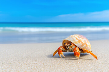 A hermit crab with a spiral shell crawls on a sandy beach with the ocean and blue sky in the background