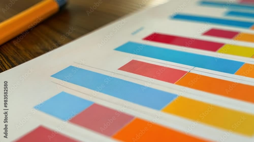 Fototapete a detailed bar graph displays various data points in bright colors on paper, with a pencil resting n