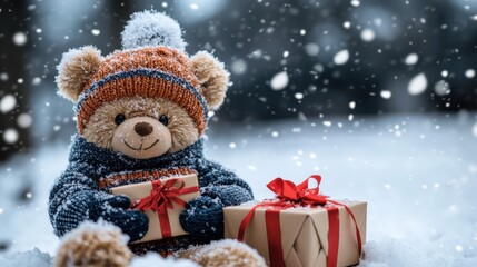 Charming teddy bear in a cozy winter outfit, holding a red ribbon-wrapped gift, sitting in the snow, with snowflakes falling around, creating a festive and heartwarming winter scene.