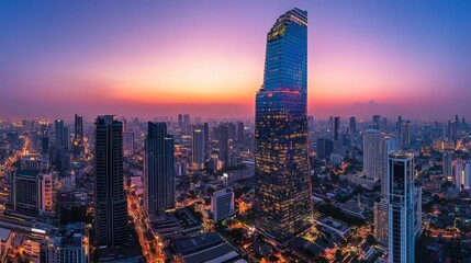 Obraz premium The futuristic architecture of Bangkok building, one of the tallest skyscrapers.