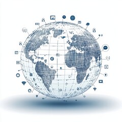 Digital Global World Map with Connectivity Symbols and Icons