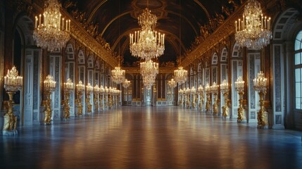 Fototapeta premium The historic de Versailles from the Hall of Mirrors, with chandeliers reflecting light.
