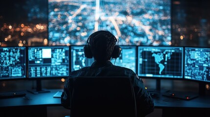 High-Tech Control Room with Drone Operators Monitoring Multiple Screens