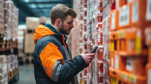 Efficient Warehouse Staff Using Handheld Scanners for Order Picking