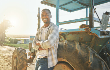 Happy, tractor and portrait with black man on farm for quality inspection, sustainability and...