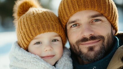 A father bundled warmly in knitwear shares a joyous moment with his child, both smiling gently against a snowy backdrop, encapsulating warmth and family love.