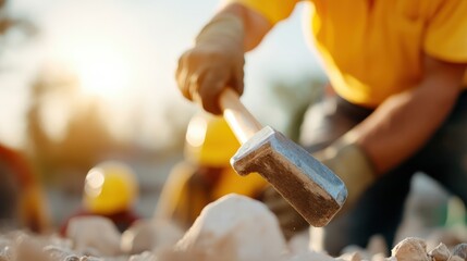 A construction worker in a bright yellow helmet is captured breaking rocks with a hammer, symbolizing the meticulous and challenging nature of construction labor.
