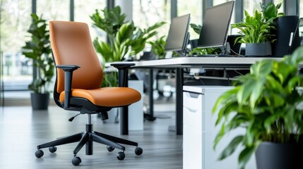 A workplace setting featuring an orange chair and a sleek desk surrounded by lush green plants, providing a fresh, invigorating, and productive work environment.
