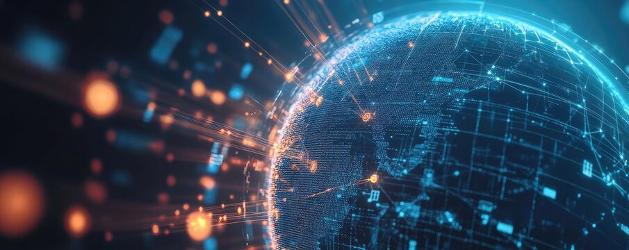 A digital representation of the globe with glowing lines and nodes, symbolizing global connectivity and technological advancement.