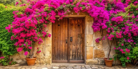 Fototapeta premium Rustic wooden door surrounded by vibrant bougainvillea flowers in a charming garden setting