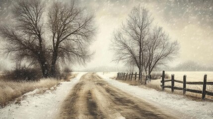 A tranquil winter scene featuring a snow-covered road, bare trees, and a rustic fence under a soft, snowy sky.