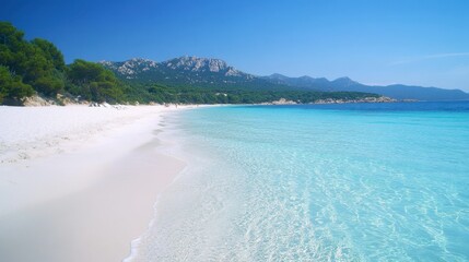 The picturesque beach at de in Corsica, with white sand and crystal-clear water.