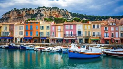 Obraz premium The picturesque fishing village of Cassis, with colorful houses and boats docked in the harbor.