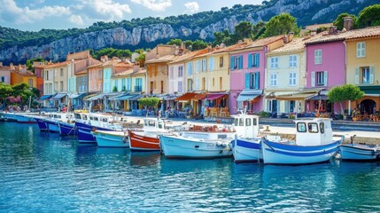 Obraz premium The picturesque fishing village of Cassis, with colorful houses and boats docked in the harbor.