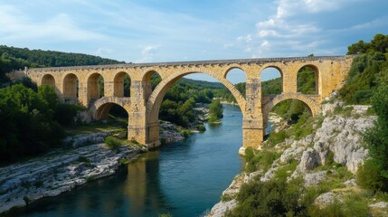Fototapeta premium The Pont du Gard, a Roman aqueduct bridge in the South of France, spanning over the river.
