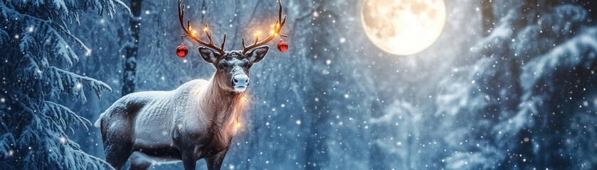 A majestic deer adorned with festive lights stands in a snowy landscape under a full moon, creating a magical winter scene.